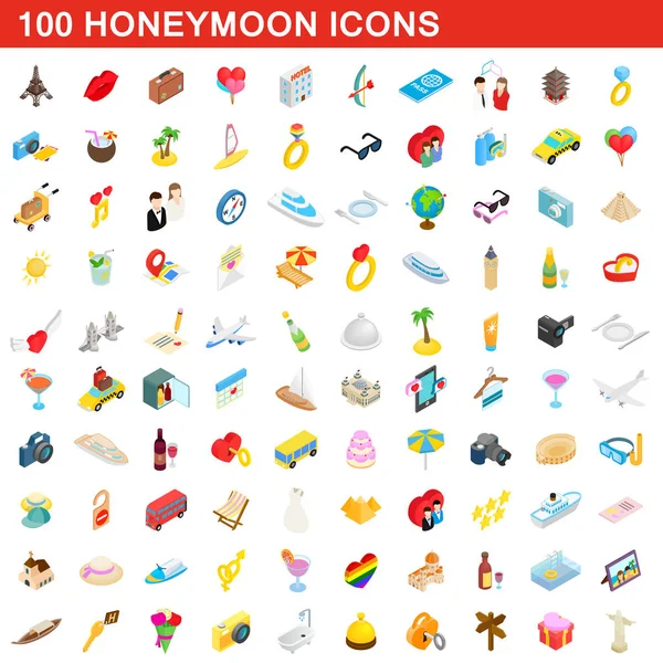 100 honeymoon icons set, isometric 3d style — Stock Vector