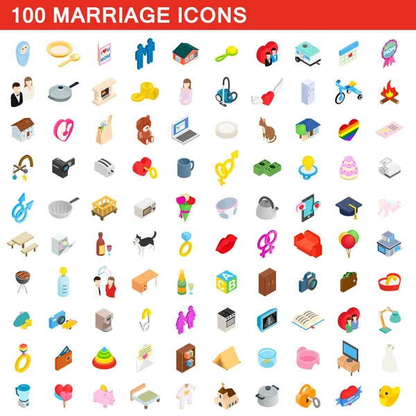 100 ikon pernikahan diset, gaya isometrik 3d - Stok Vektor