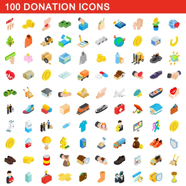 100 donation ikoner set, isometrisk 3d-stil — Stock vektor