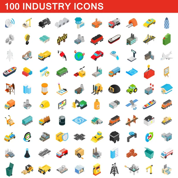 Conjunto de 100 iconos de la industria, estilo 3D isométrico — Vector de stock