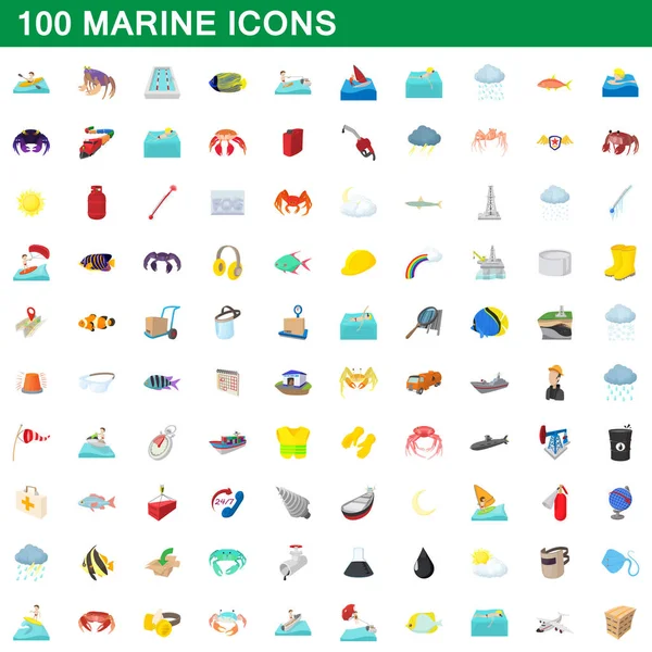 100 conjunto de iconos marinos, estilo de dibujos animados — Vector de stock