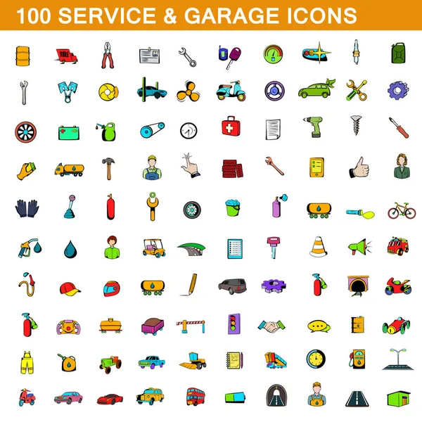 100 服务和车库图标设置、 卡通风格 — 图库矢量图片