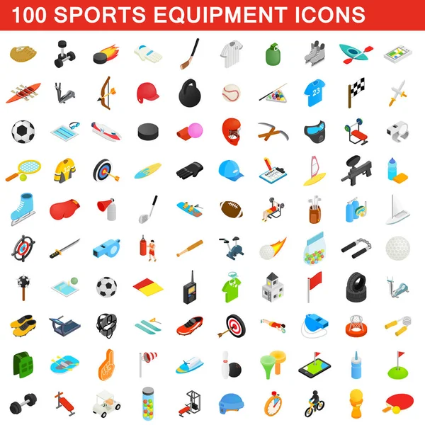 100 spor ekipmanları Icons set, izometrik 3d stili — Stok Vektör
