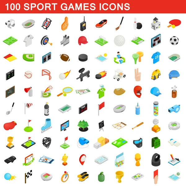 100 jogos de desporto conjunto de ícones, estilo 3D isométrico —  Vetores de Stock