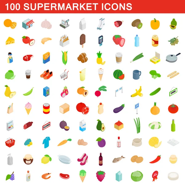 Szupermarket 100 ikonok beállítása, izometrikus 3D-s stílus — Stock Vector
