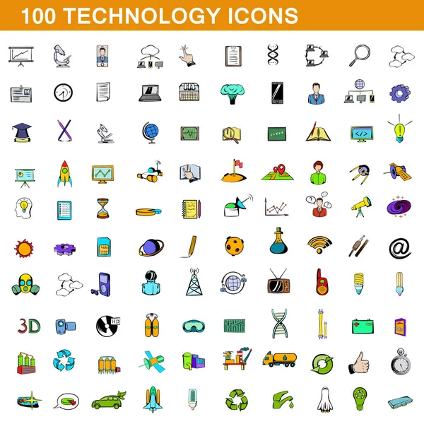 100 iconos de la tecnología conjunto, estilo de dibujos animados — Vector de stock