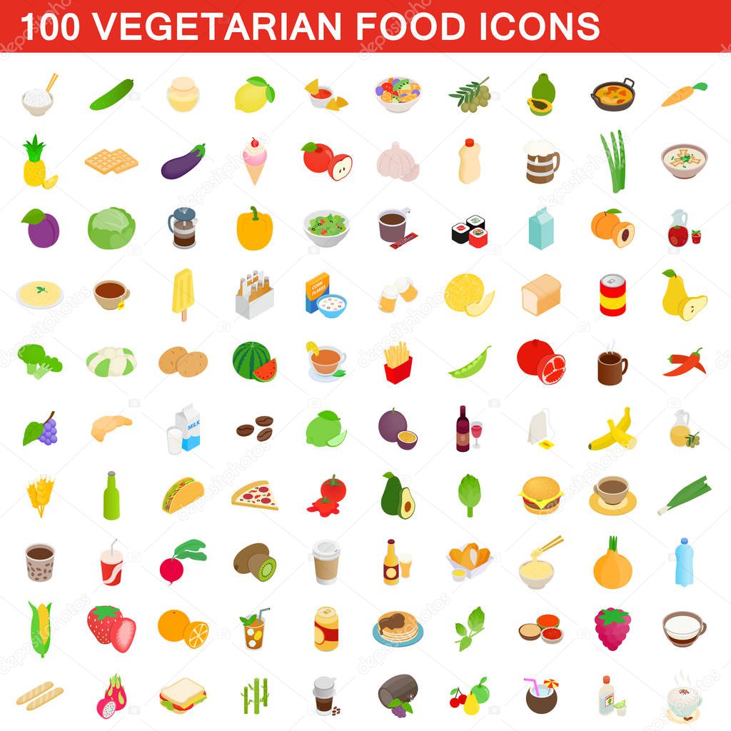 100 vegetarian food icons set, isometric 3d style
