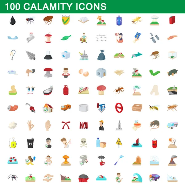 100 iconos de calamidad conjunto, estilo de dibujos animados — Vector de stock