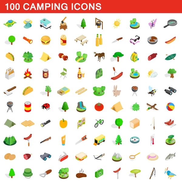 100 iconos de camping conjunto, estilo isométrico 3d — Vector de stock