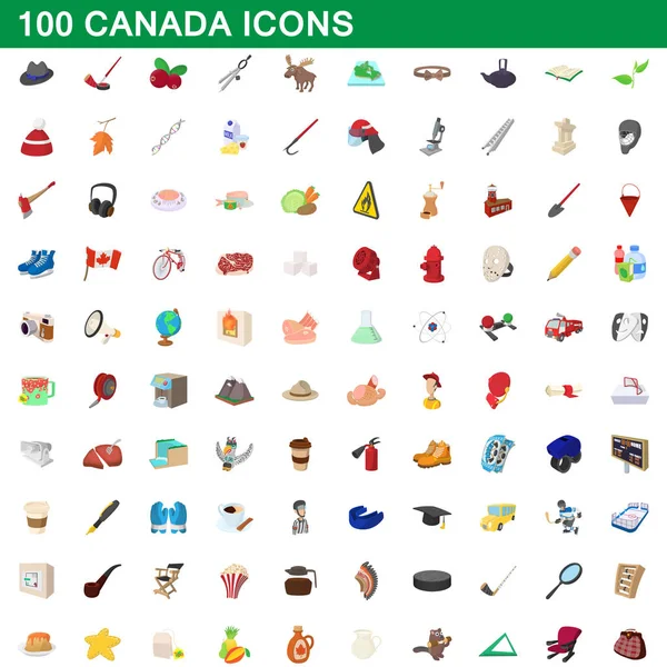 100 캐나다 아이콘 세트, 만화 스타일 — 스톡 벡터