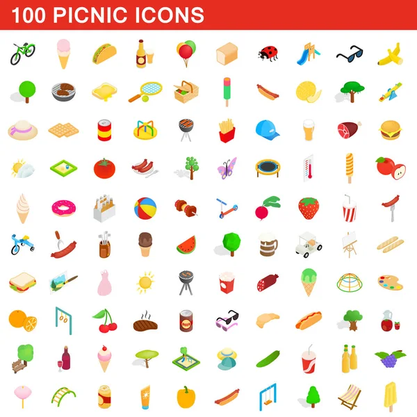 100 iconos de picnic conjunto, estilo isométrico 3d — Vector de stock