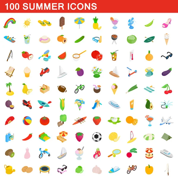 Conjunto de 100 iconos de verano, estilo isométrico 3d — Vector de stock