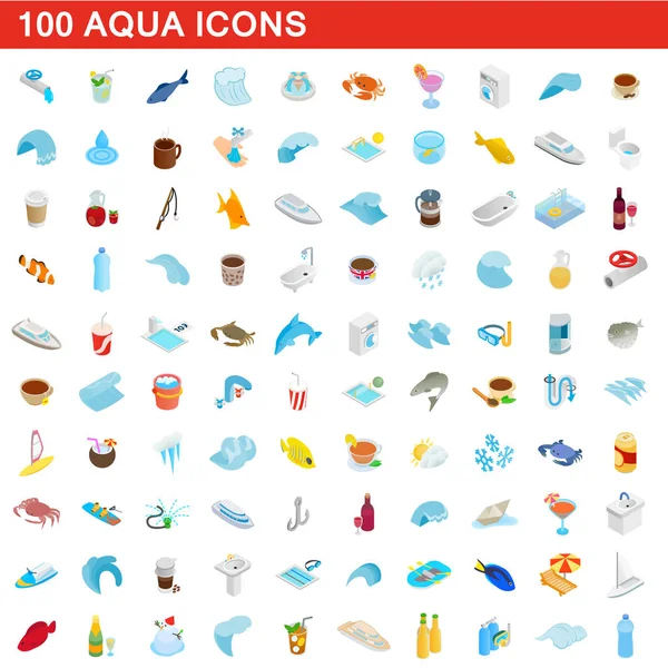 Ensemble de 100 icônes aqua, style 3d isométrique — Image vectorielle