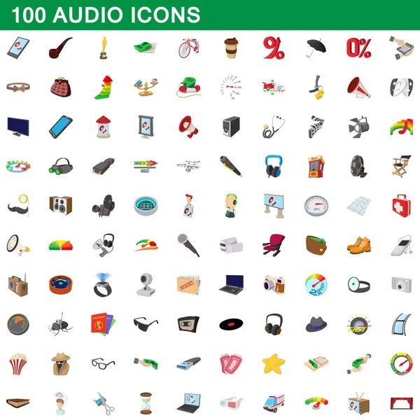 100 iconos de audio conjunto, estilo de dibujos animados — Vector de stock