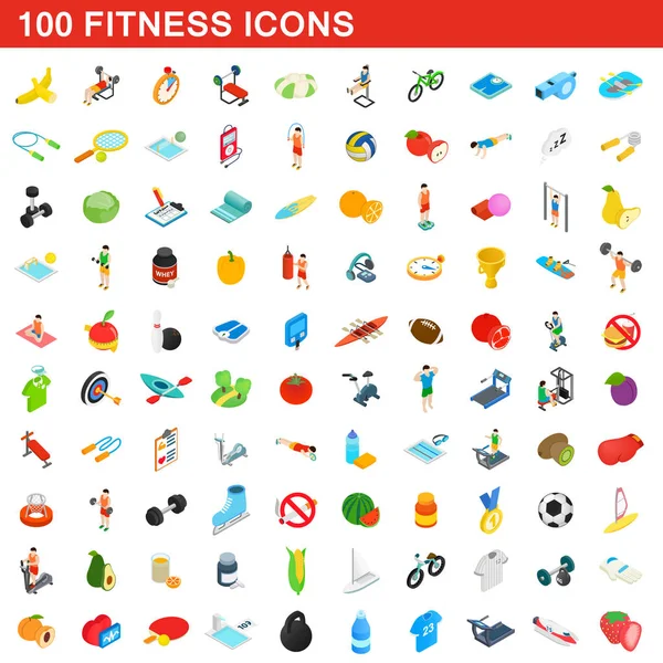 100 conjunto de iconos de fitness, estilo isométrico 3d — Vector de stock