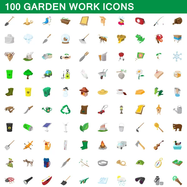 100 iconos de trabajo de jardín conjunto, estilo de dibujos animados — Vector de stock
