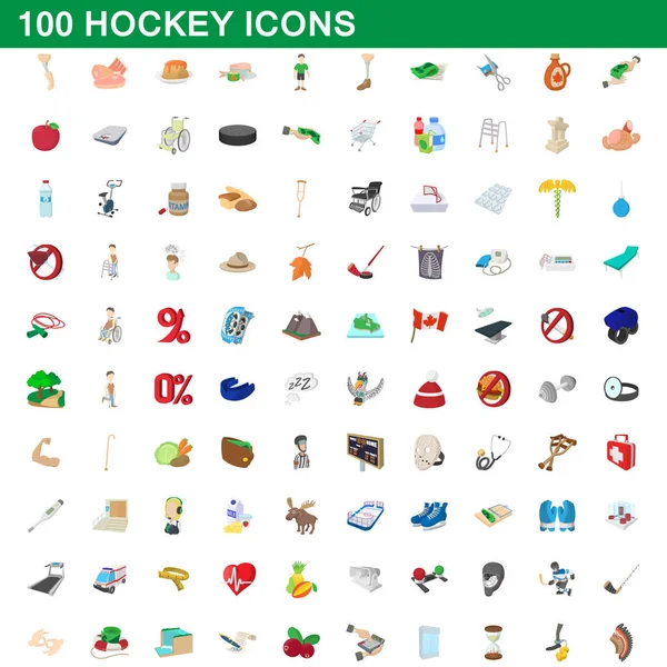 100 iconos de hockey conjunto, estilo de dibujos animados — Vector de stock