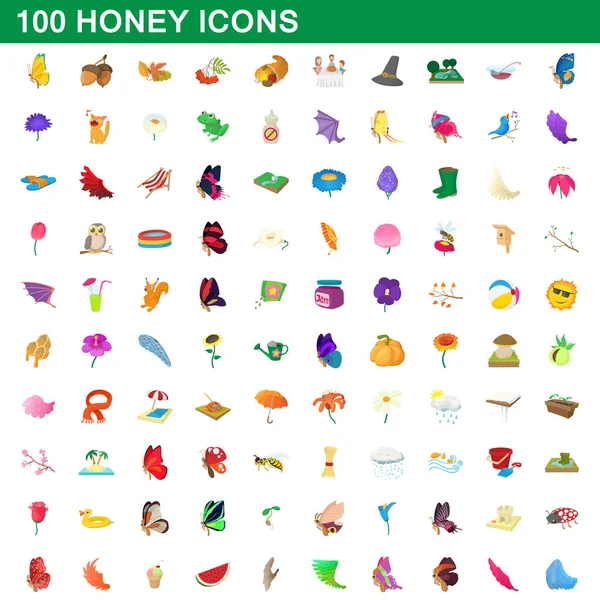 100 conjunto de iconos de miel, estilo de dibujos animados — Vector de stock
