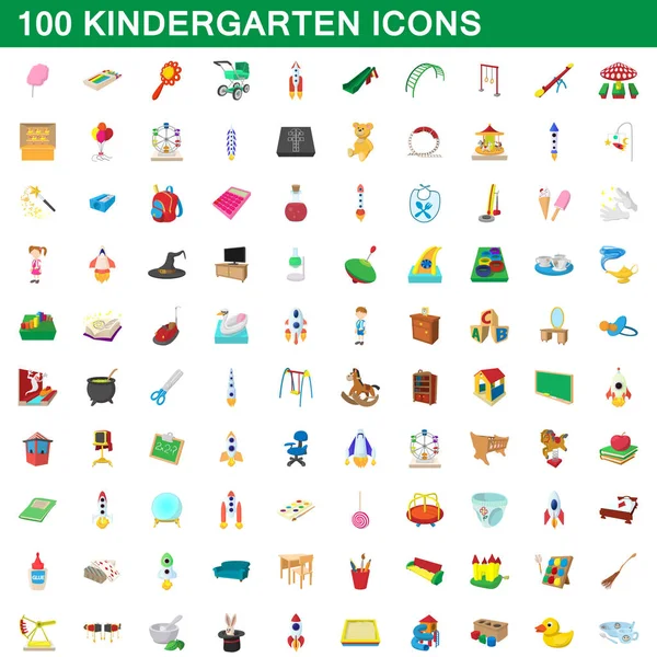 100 conjunto de iconos de jardín de infantes, estilo de dibujos animados — Vector de stock