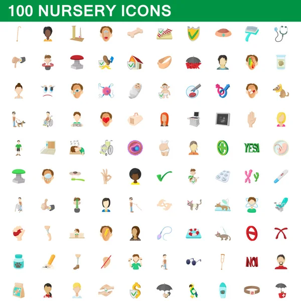 Ensemble de 100 icônes de pépinière, style dessin animé — Image vectorielle