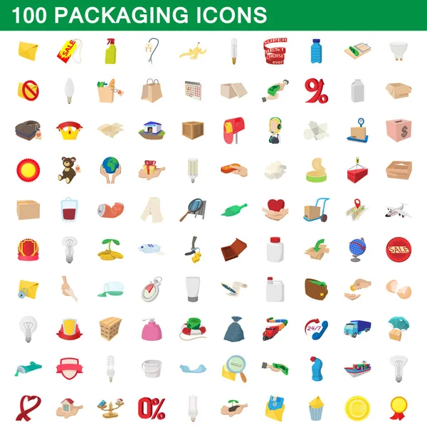 100 förpackningar ikoner satt, tecknad stil — Stock vektor