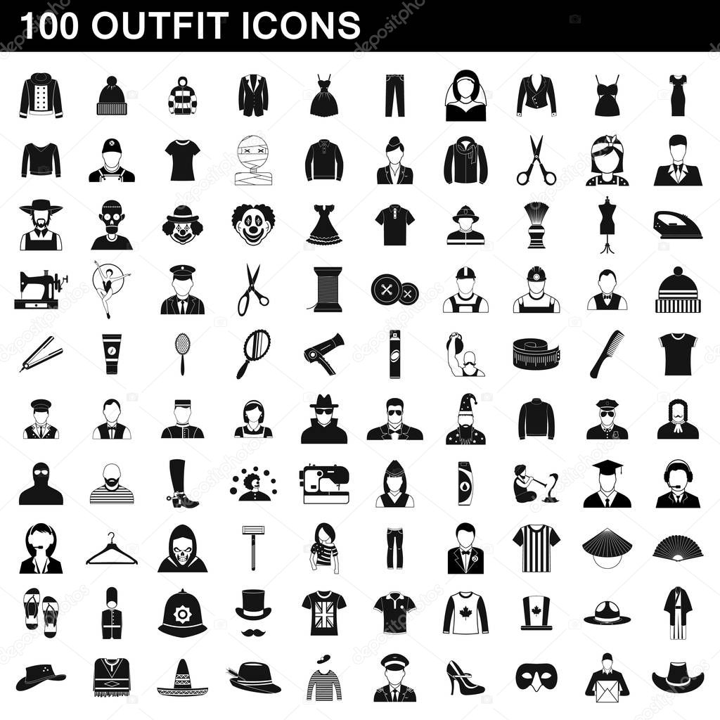 100 outfit icons set, simple style