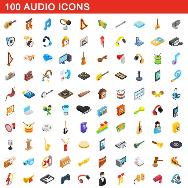 Sada 100 zvuku ikony, izometrické 3d styl — Stockový vektor