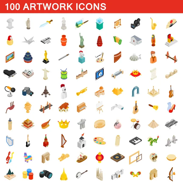 Conjunto de 100 iconos de obras de arte, estilo isométrico 3d — Archivo Imágenes Vectoriales