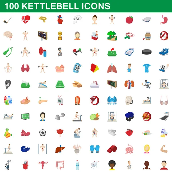 100 kettlebell εικονίδια οριστεί, κινούμενα σχέδια στυλ — Διανυσματικό Αρχείο