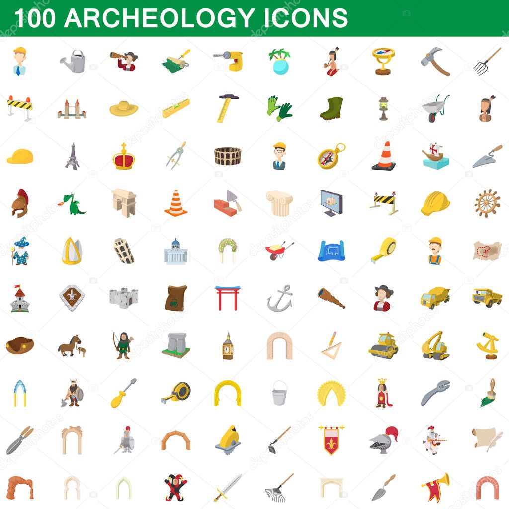100 archeology icons set, cartoon style