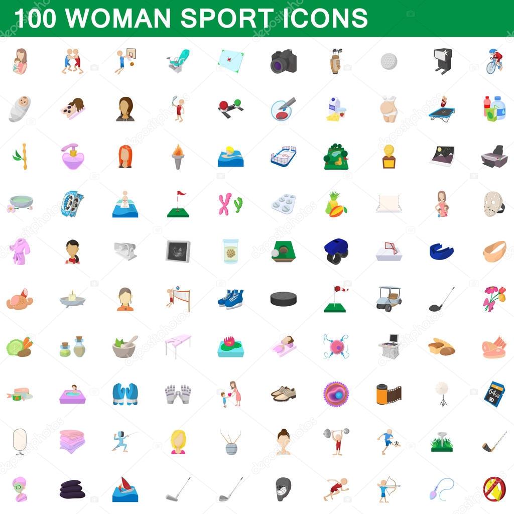 100 woman sport icons set, cartoon style