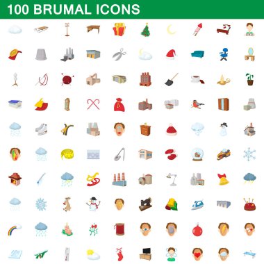 100 brumal icons set, cartoon style clipart