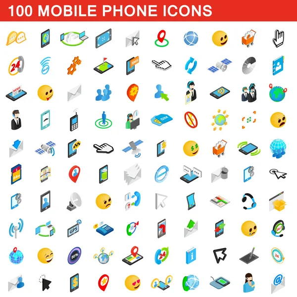 100 mobilních telefonů ikony nastavit, izometrické 3d styl — Stockový vektor
