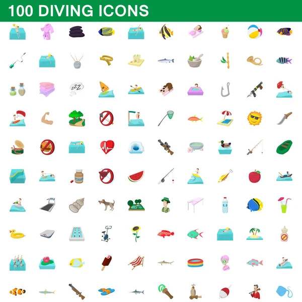 100 dykning ikoner set, tecknad stil — Stock vektor