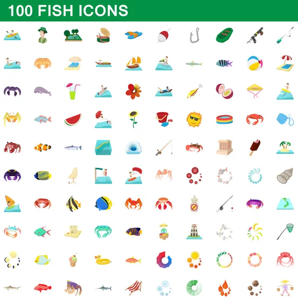 100 conjunto de iconos de pescado, estilo de dibujos animados — Vector de stock