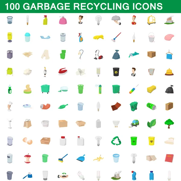 100 Müll-Recycling-Symbole Set, Cartoon-Stil — Stockvektor