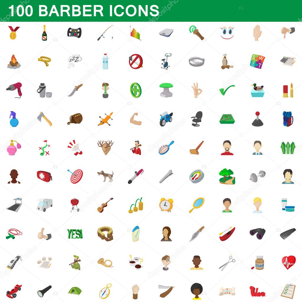 100 barber icons set, cartoon style