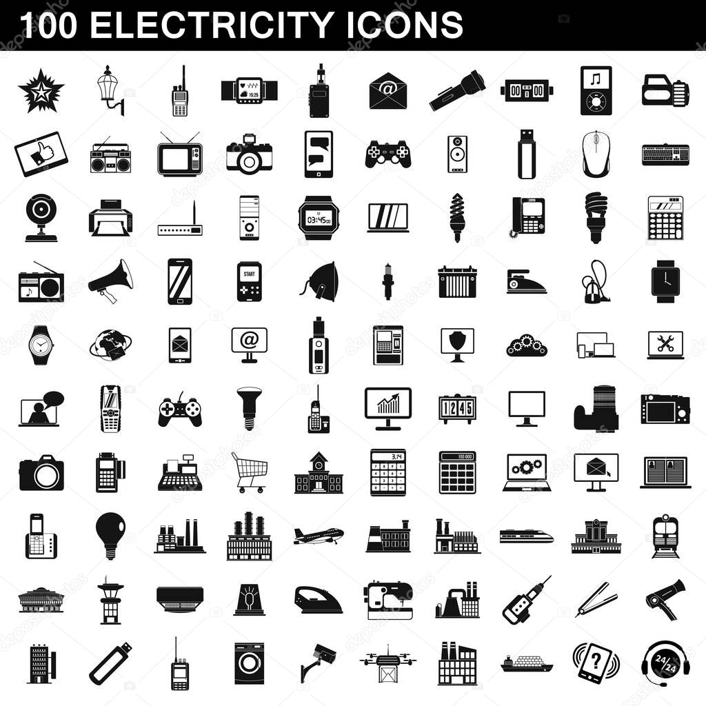 100 electricity icons set, simple style