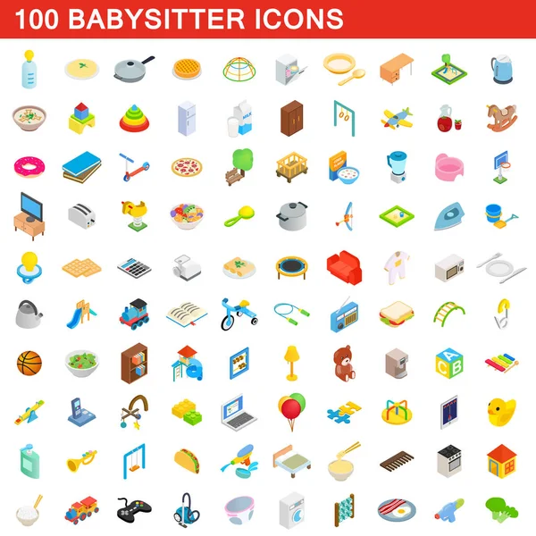 Set di 100 icone per babysitter, in stile isometrico 3d — Vettoriale Stock