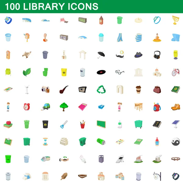 100 conjunto de iconos de la biblioteca, estilo de dibujos animados — Vector de stock