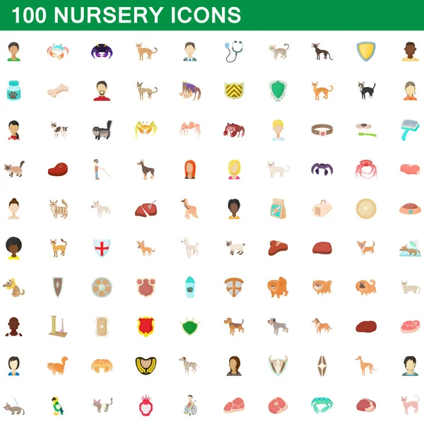 100 conjunto de iconos de vivero, estilo de dibujos animados — Vector de stock