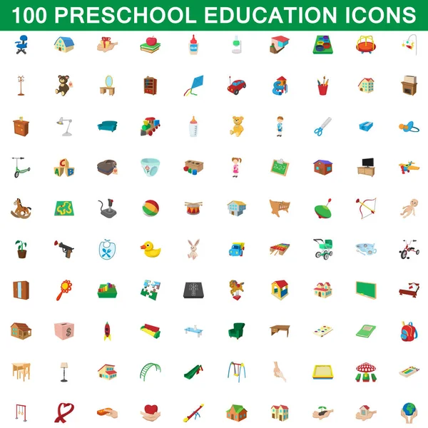 Ensemble de 100 icônes de l'éducation préscolaire, style dessin animé — Image vectorielle