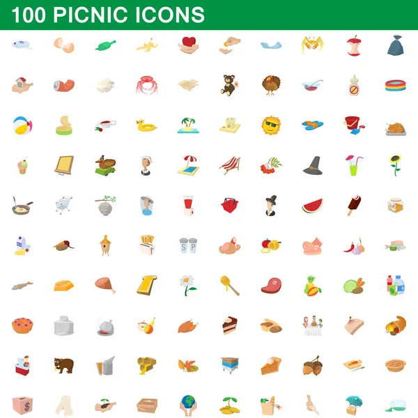 100 iconos de picnic conjunto, estilo de dibujos animados — Vector de stock