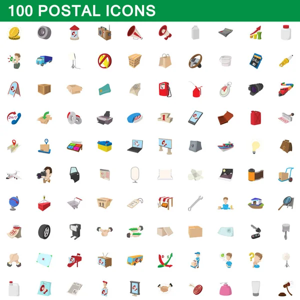 Conjunto de 100 iconos postales, estilo dibujos animados — Vector de stock