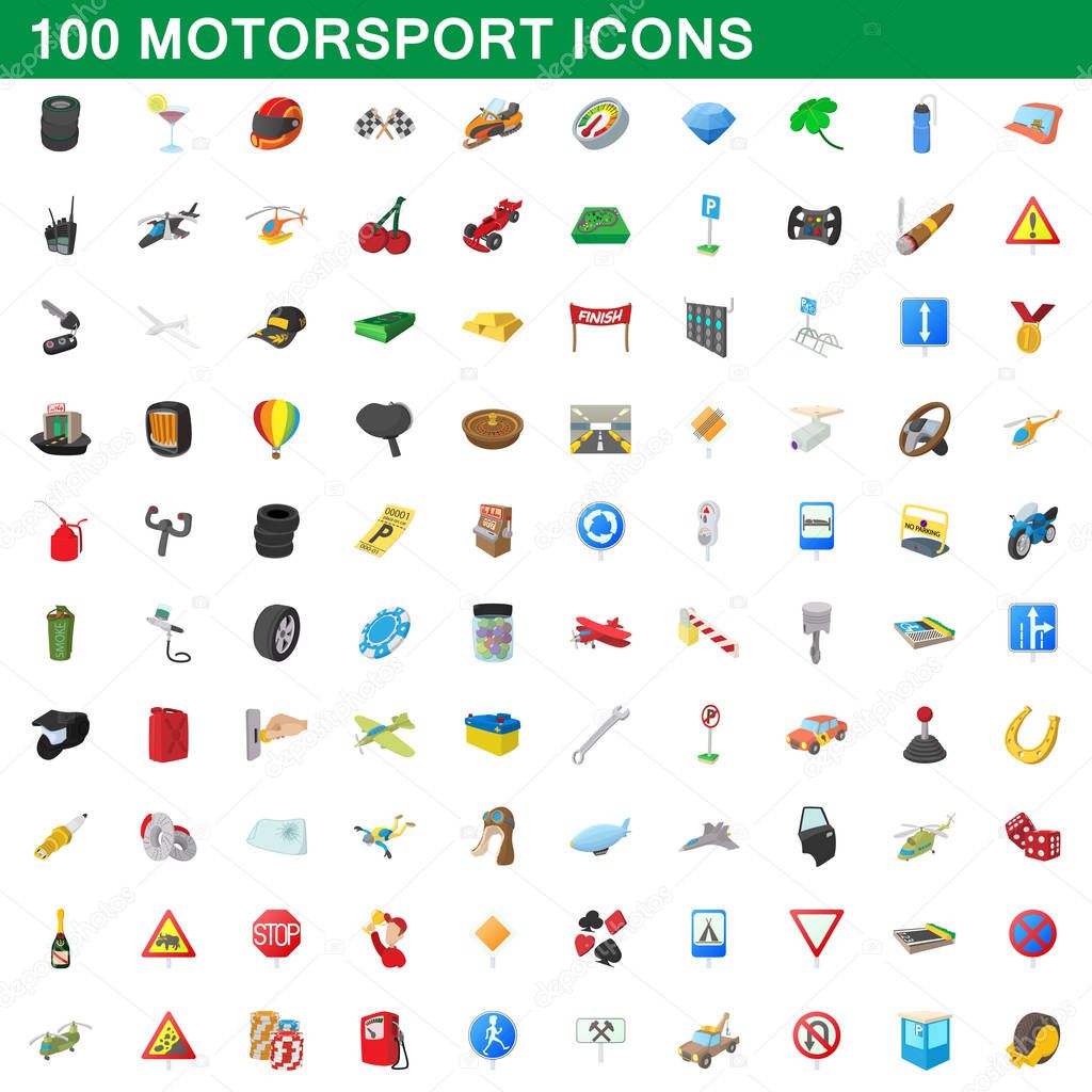 100 motorsport icons set, cartoon style