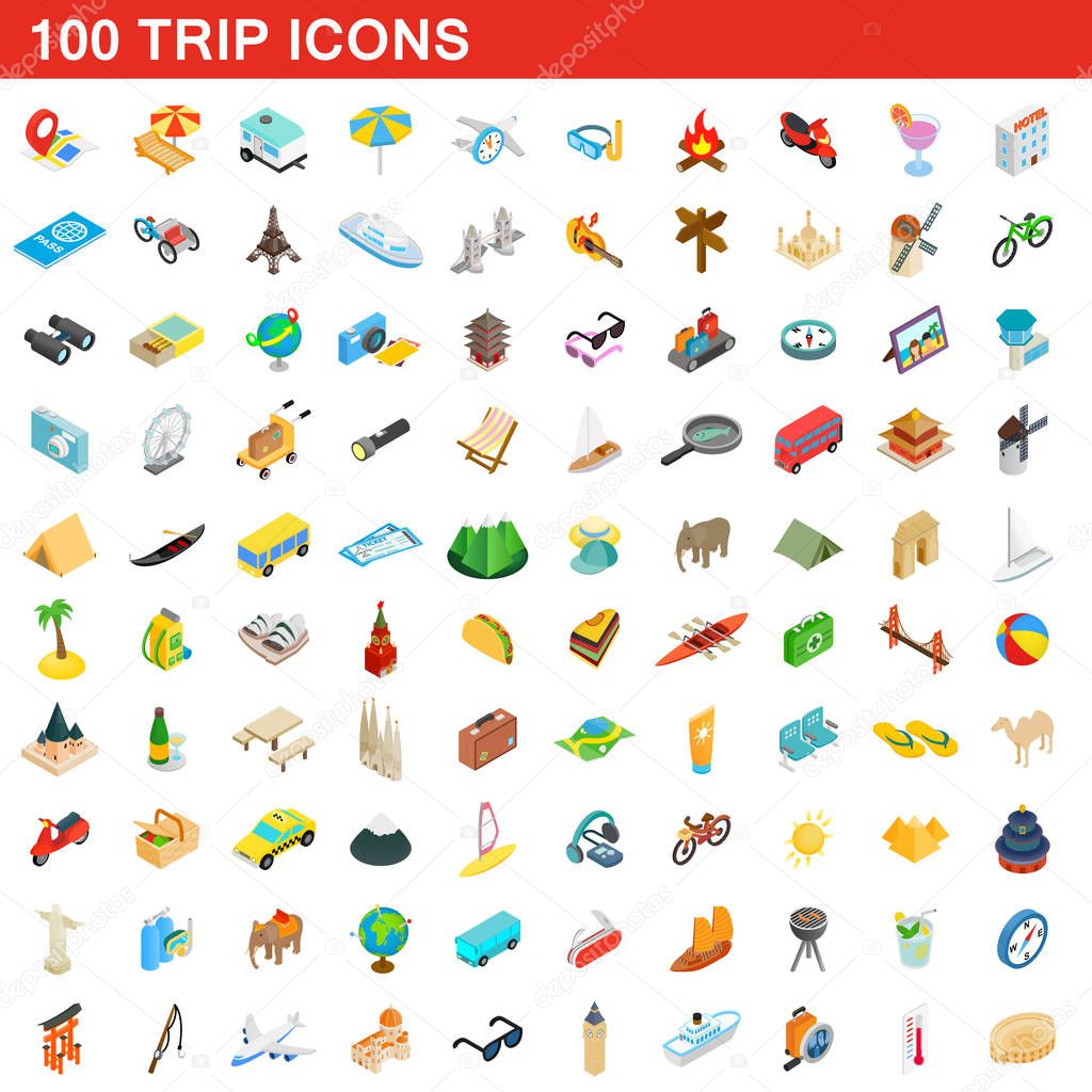 100 trip icons set, isometric 3d style