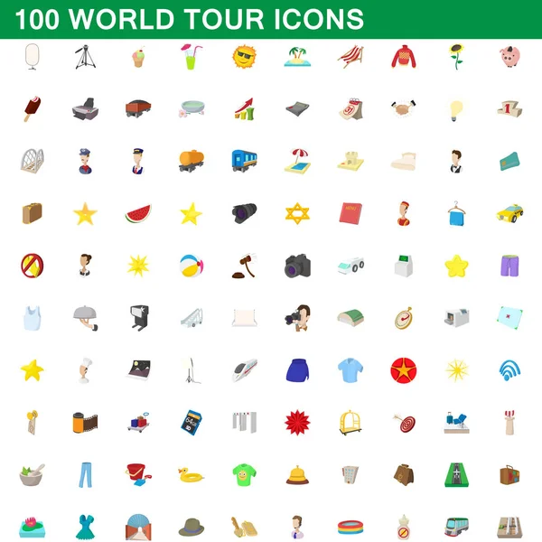 100 iconos de la gira mundial conjunto, estilo de dibujos animados — Vector de stock