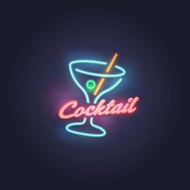 Kokteyl neon tabela, parlak tabela, afiş ışık. Kokteyl logo, amblem