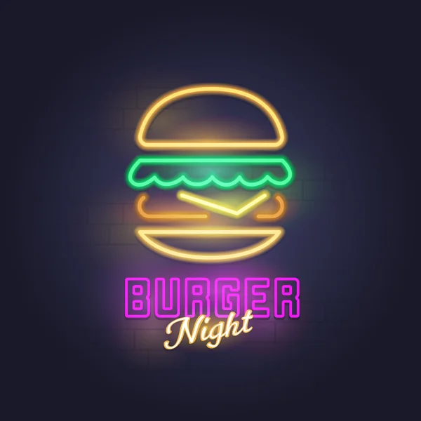 Burger neon ışığı, parlak tabela, hafif pankart. Hamburger logosu, amblem. — Stok Vektör