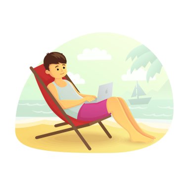 Adam Freelancer sahilde. Bir dizüstü bilgisayar üzerinde çalışıyor. Bir bilgisayar üzerinde çalışıyor. Cartoo